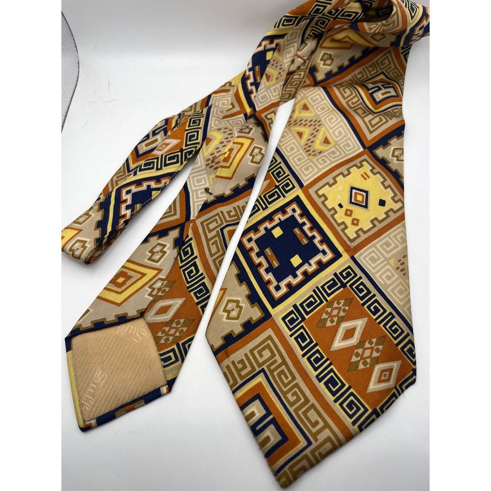 Vintage A. Sulka & Company Silk Tie Geometric Mosaic Gold Navy Blue France